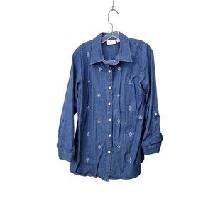 Quacker Factory Denim Button-Down Shirt With Rhinestone Embellishments Women's M